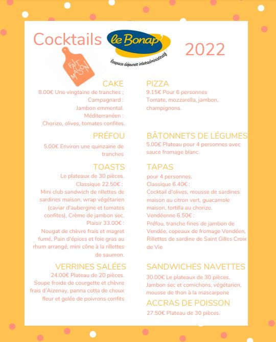 Carte des cocktails servis sur place 2022