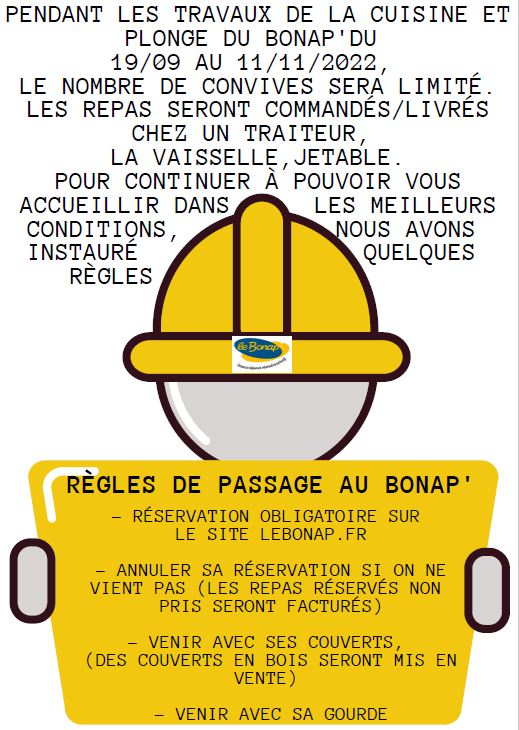 Travaux cuisine et plonge du  Bonap’ du 19/09 au 18/11/2022. Réservation de nouveau obligatoire.